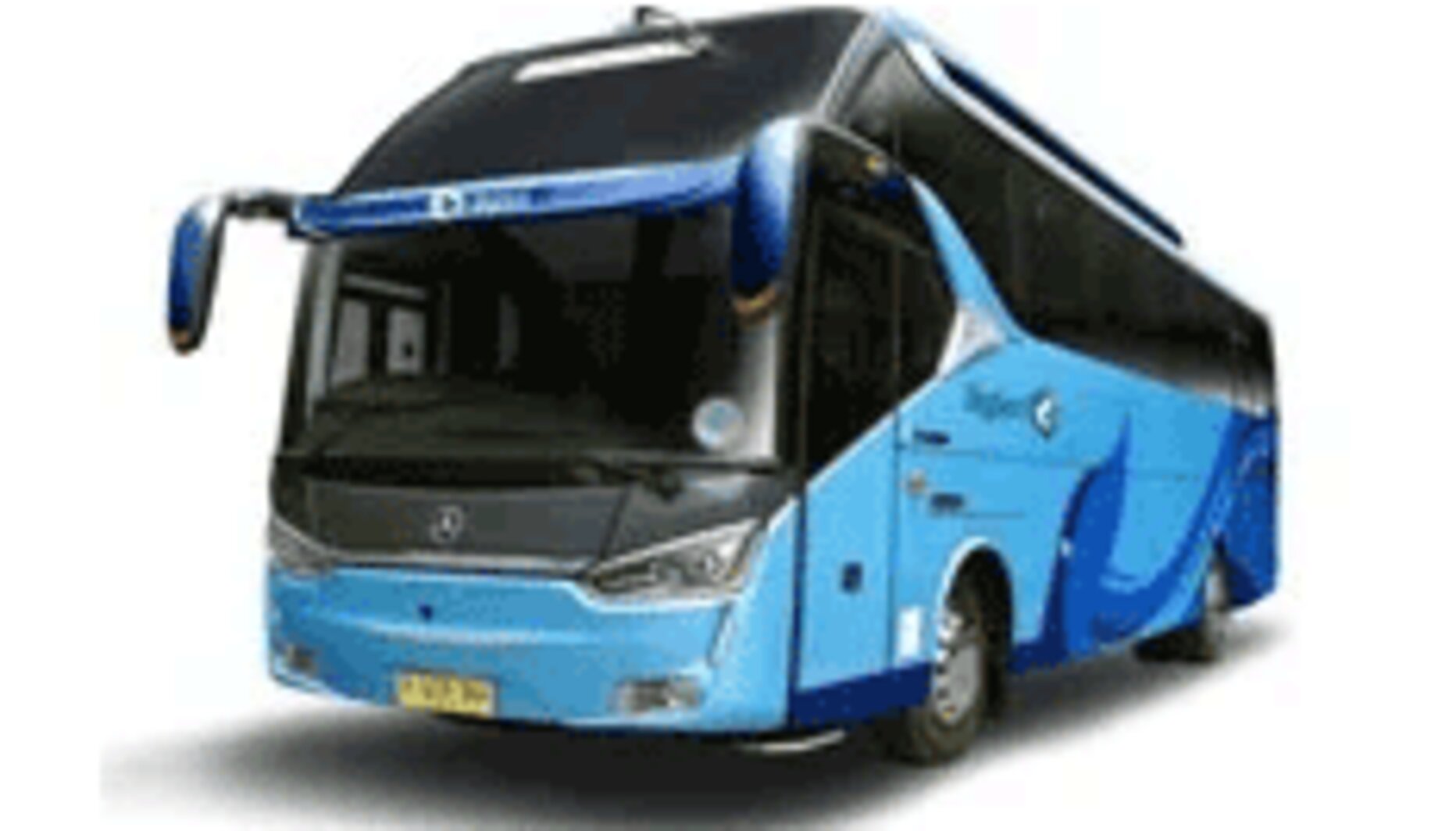 Bus pariwisata big bus warna biru dengan aksen biru tua difoto dari sudut depan, menampilkan desain bus besar dengan kaca depan panorama lebar, kaca spion aerodinamis, dan bodi tinggi khas bus pariwisata jarak jauh. Sebagai armada kapasitas terbesar sewa mobil di Medan, big bus ini menjadi pilihan utama untuk rombongan besar seperti wisata sekolah/kampus, gathering perusahaan skala besar, ziarah/wisata religi, hingga perjalanan wisata ke Danau Toba dan Berastagi dengan kapasitas sekitar 40-59 seat, dilengkapi fasilitas AC, reclining seat, dan bagasi besar untuk perjalanan jauh yang nyaman.