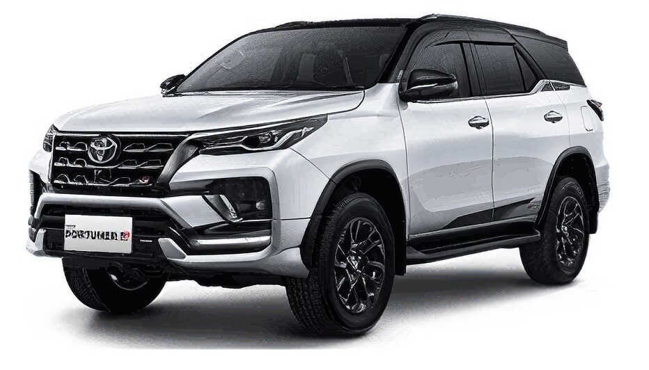 Toyota Fortuner warna putih dengan atap hitam (two-tone) difoto dari sudut depan samping, menampilkan desain SUV premium yang gagah dengan grille depan besar berlapis krom tebal, headlamp LED tajam, velg alloy besar, dan bodi tinggi yang kokoh. Sebagai armada premium sewa mobil di Medan, Fortuner menjadi pilihan SUV kelas atas untuk perjalanan bisnis VIP, keluarga yang menginginkan kenyamanan dan prestise lebih tinggi, maupun perjalanan jauh ke Danau Toba/Berastagi dengan performa tangguh di berbagai medan.
